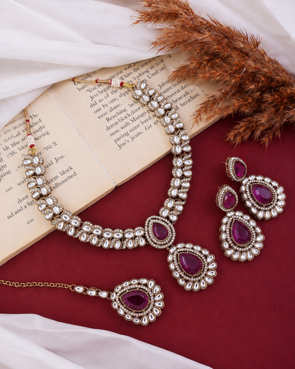 Purple Vyakhya Premium Designer Zircone Polki Dupe Necklace With Earring & Teeka