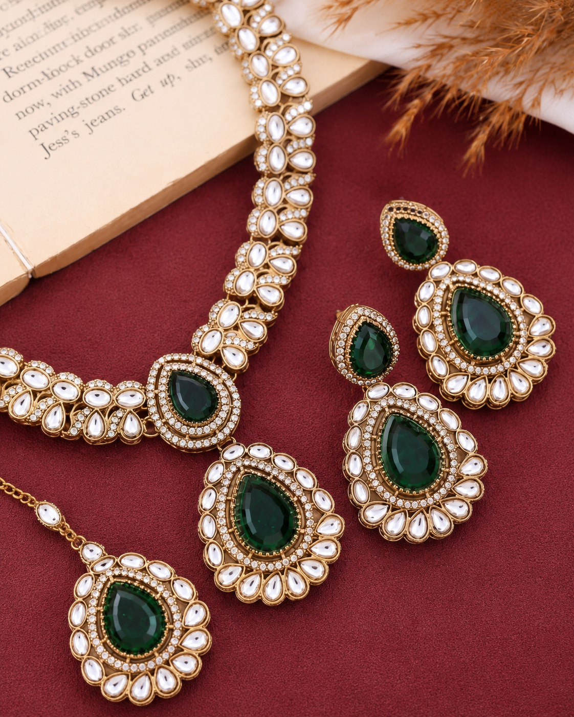 Green Vyakhya Premium Designer Zircone Polki Dupe Necklace With Earring & Teeka