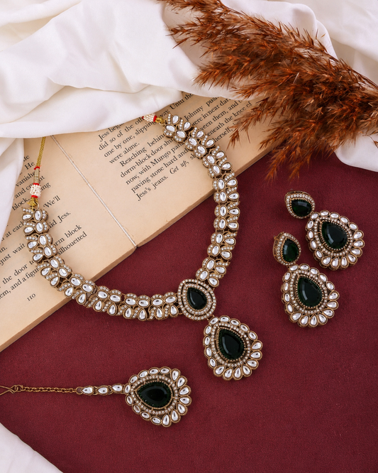 Green Vyakhya Premium Designer Zircone Polki Dupe Necklace With Earring & Teeka