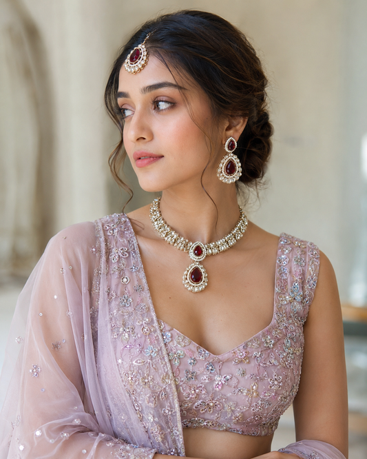 Ruby Vyakhya Premium Designer Zircone Polki Dupe Necklace With Earring & Teeka
