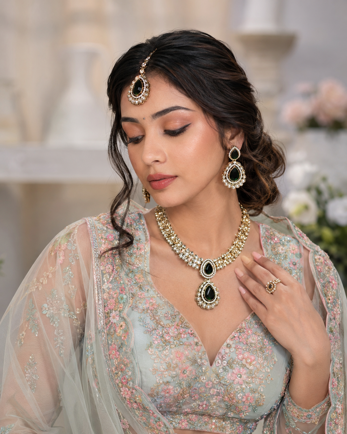 Green Vyakhya Premium Designer Zircone Polki Dupe Necklace With Earring & Teeka