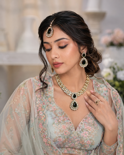 Green Vyakhya Premium Designer Zircone Polki Dupe Necklace With Earring & Teeka