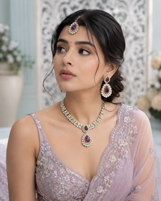 Purple Vyakhya Premium Designer Zircone Polki Dupe Necklace With Earring & Teeka