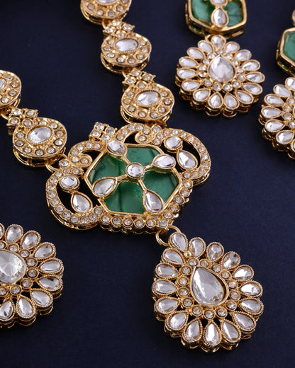Green Vrinda Long Necklace Set with Earring and Teeka