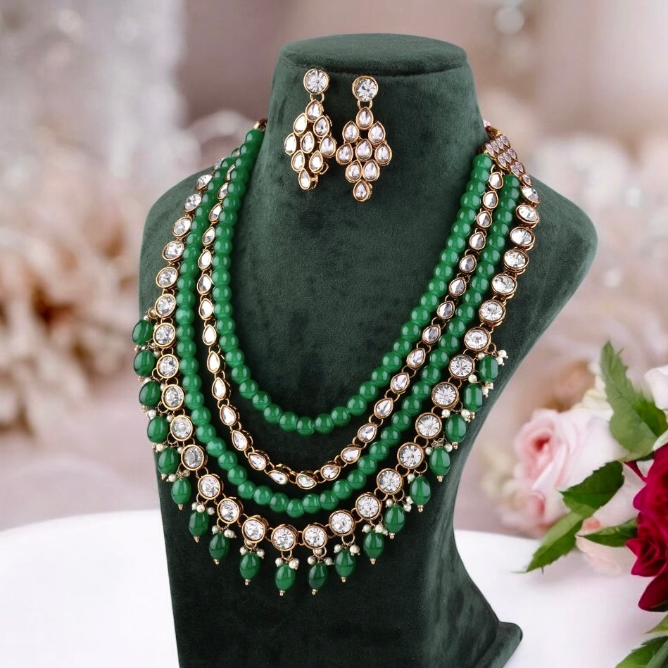 Green Tanya Kundan Beaded Necklace Set with Earring