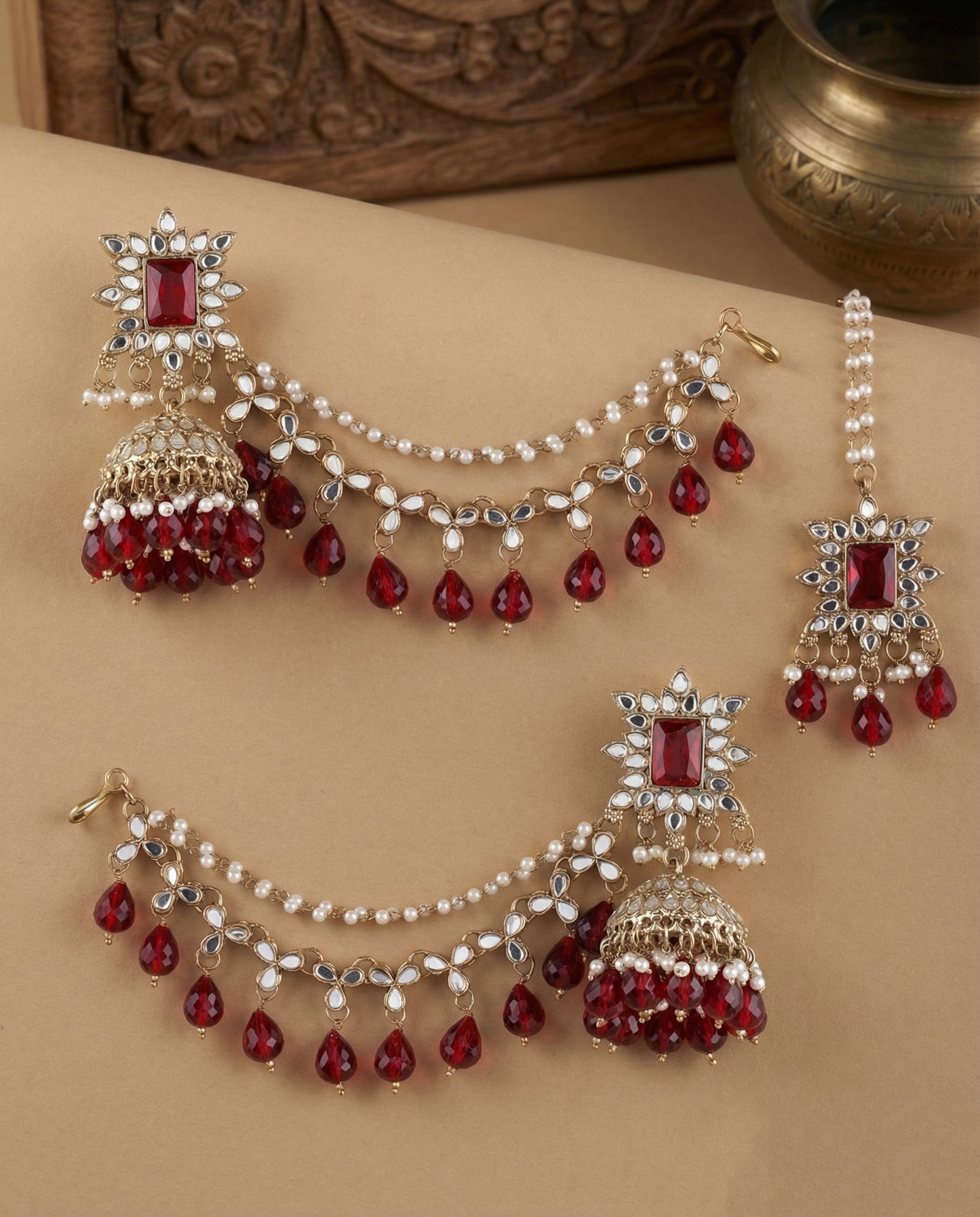 Maroon Kaur Mirror Bahubali Jhumka with Statement Kaan Chain and Teeka
