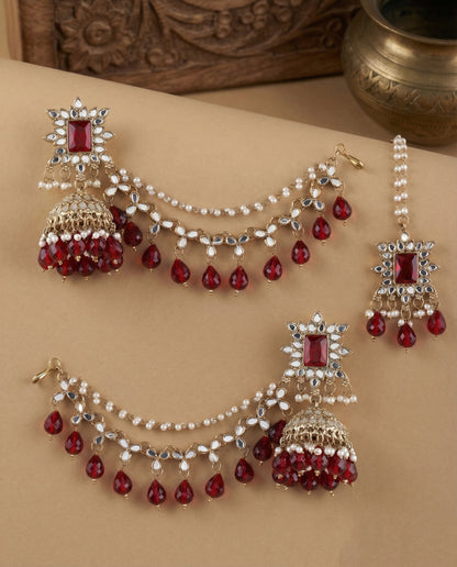 Maroon Kaur Mirror Bahubali Jhumka with Statement Kaan Chain and Teeka