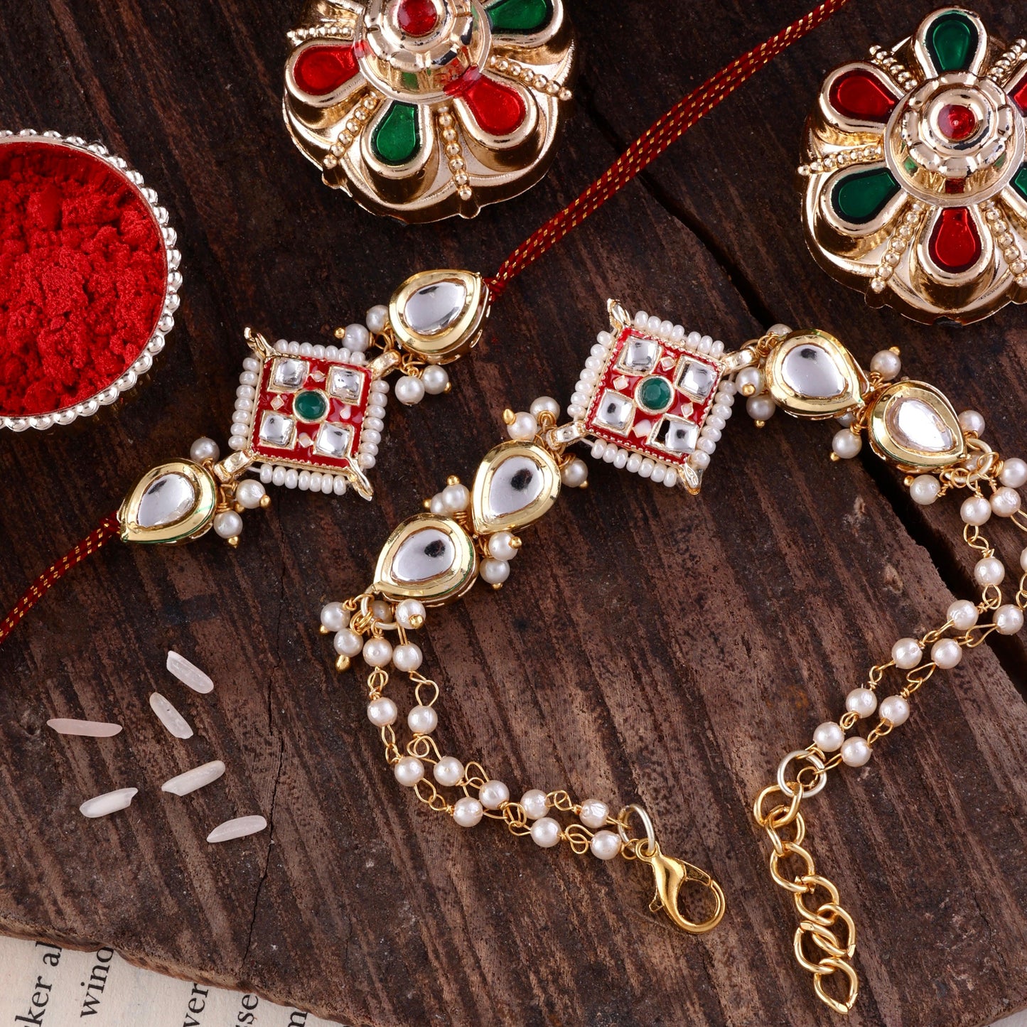 Red Saloni Bhaiya Bhabhi Rakhi with Tilak Set and Card