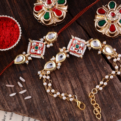 Red Saloni Bhaiya Bhabhi Rakhi with Tilak Set and Card