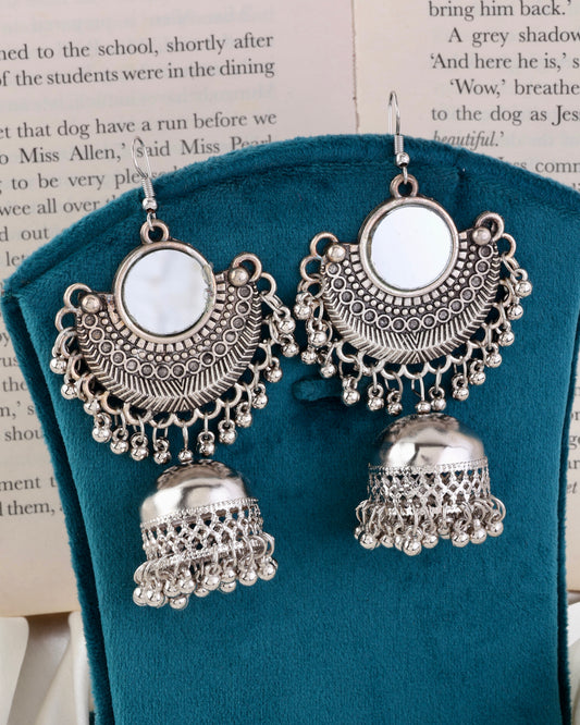 Mirror Moon Jhumka Earring - Oxidised