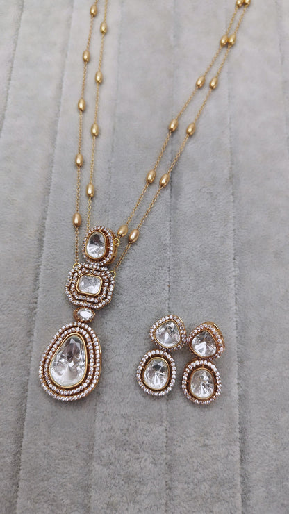 Pre Order : Kayrav Polki Dupe Pendant Style Long Necklace Set with Earring