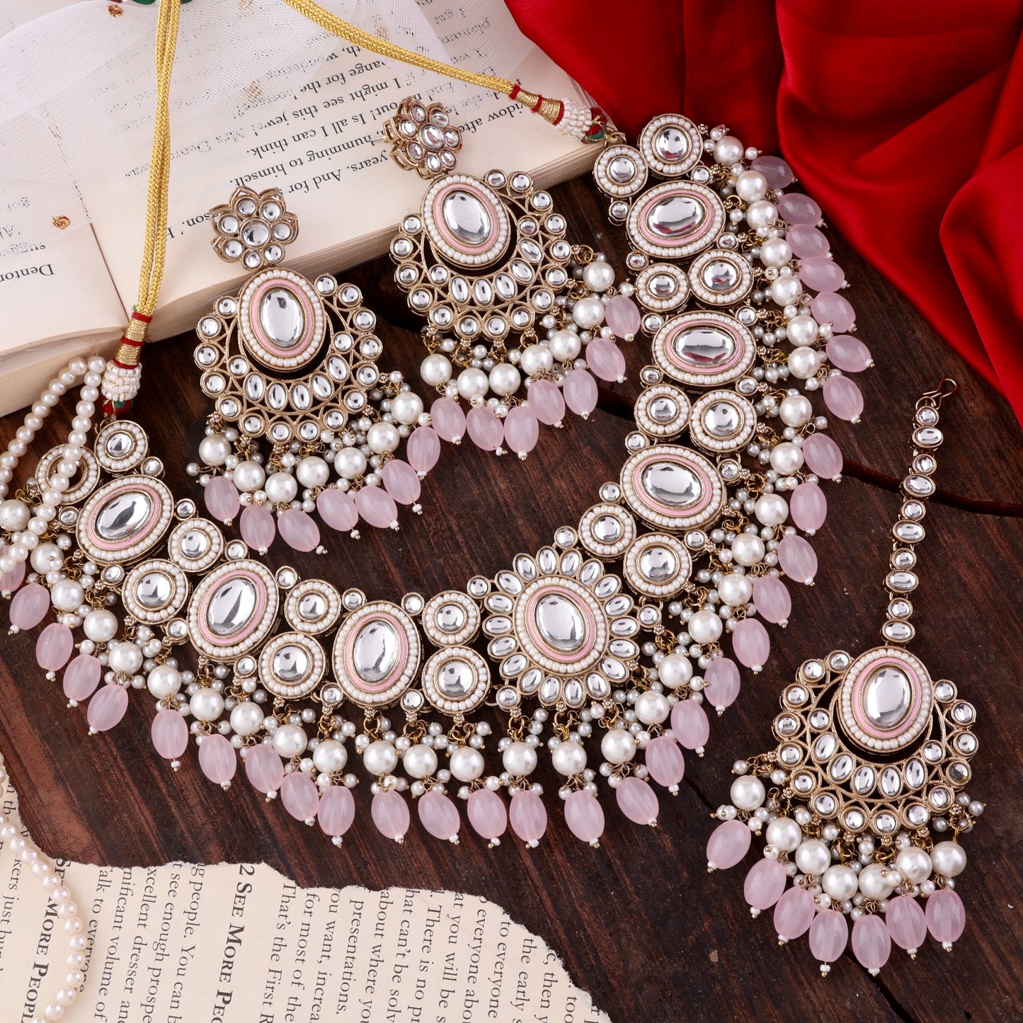 Blush Gurkeerat Necklace Earring with Teeka and Side Jhumar/Passa