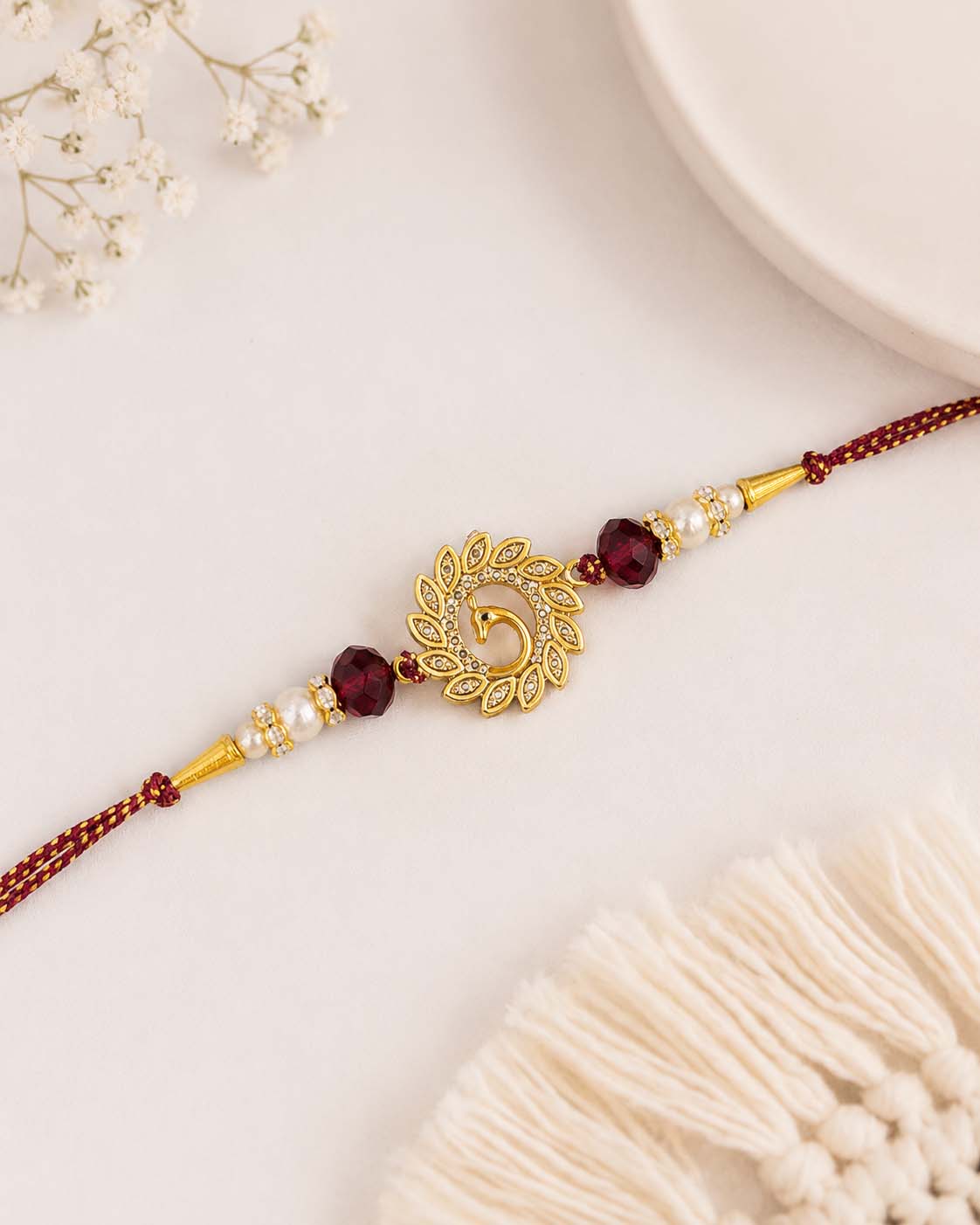 Maroon Peacock Rakhi for Brother | Tilak Set Included