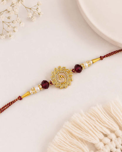 Maroon Peacock Rakhi for Brother | Tilak Set Included