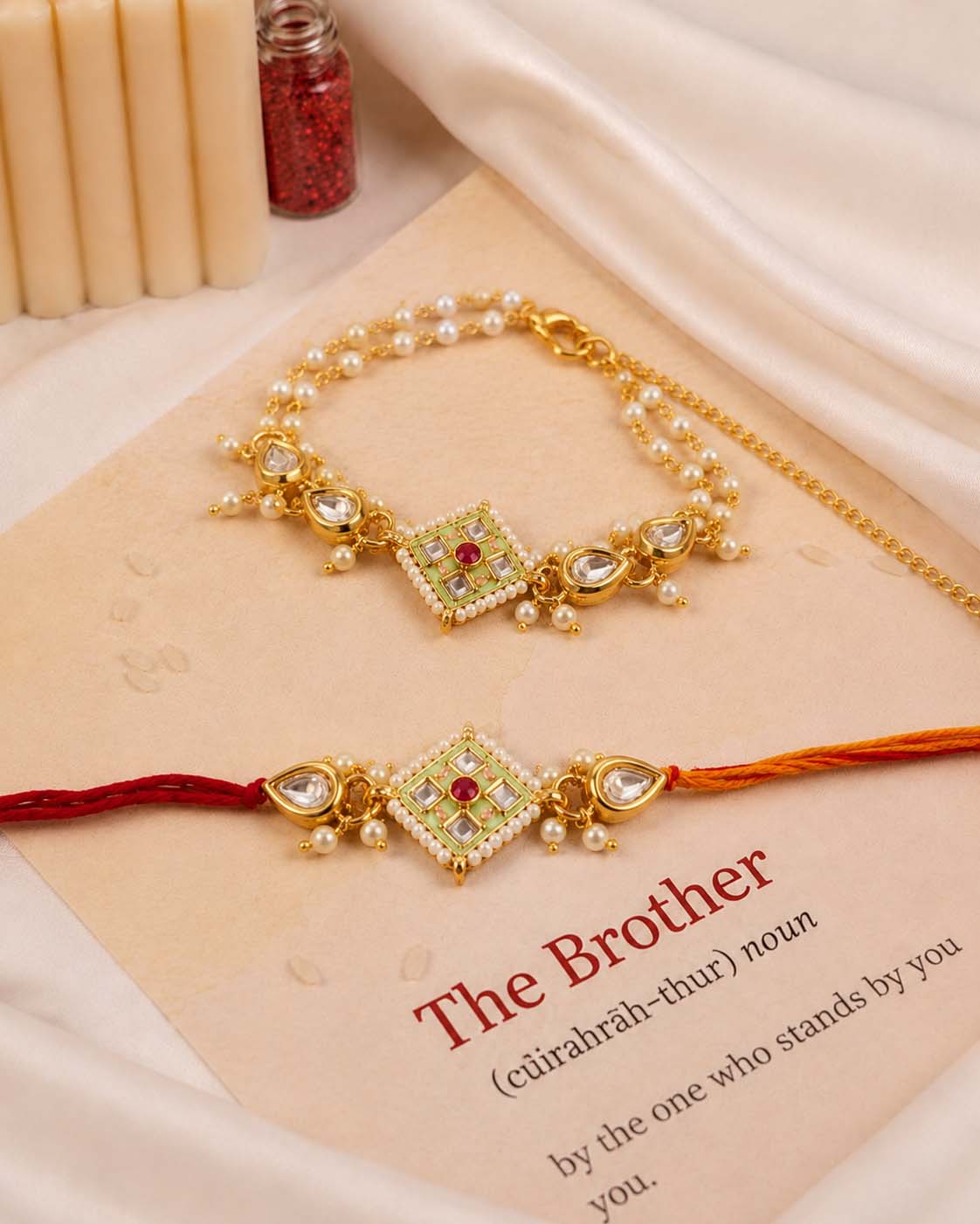 Mint Green Saloni Bhaiya Bhabhi Rakhi with Tilak Set and Card