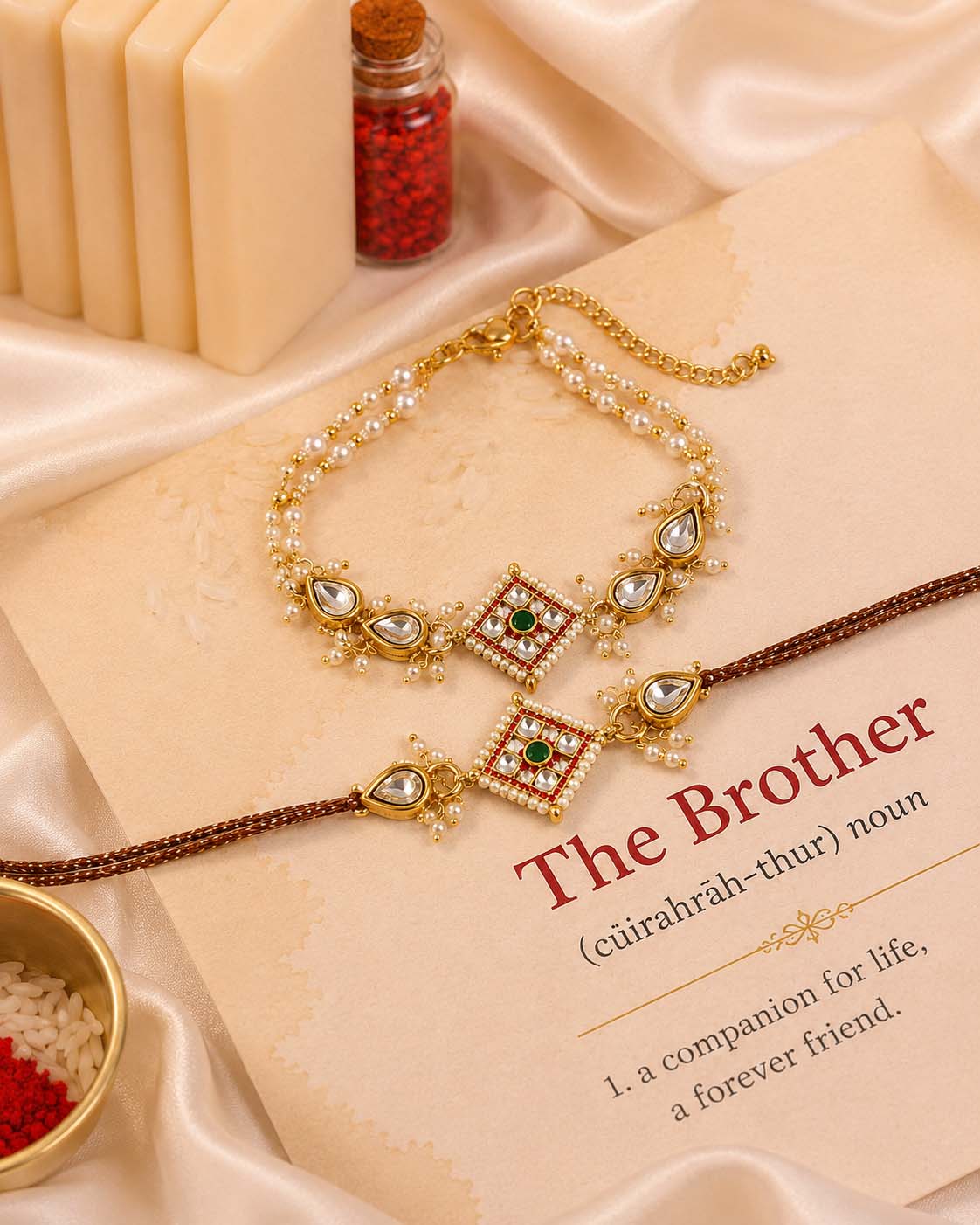 Red Saloni Bhaiya Bhabhi Rakhi with Tilak Set and Card