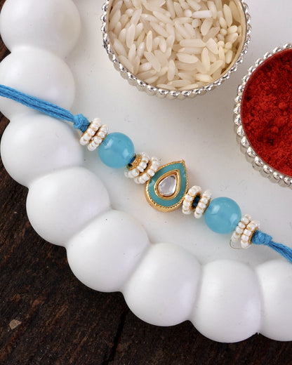 Turquoise Dhivi Rakhi for Brother | Tilak Set Included