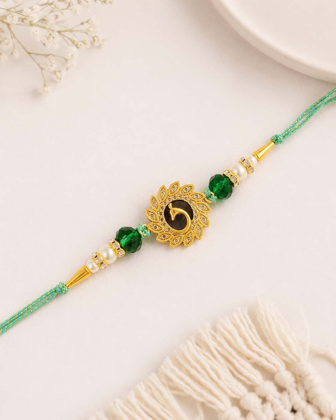 Teal Peacock Rakhi for Brother | Tilak Set Included