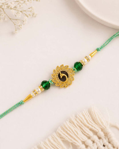 Teal Peacock Rakhi for Brother | Tilak Set Included