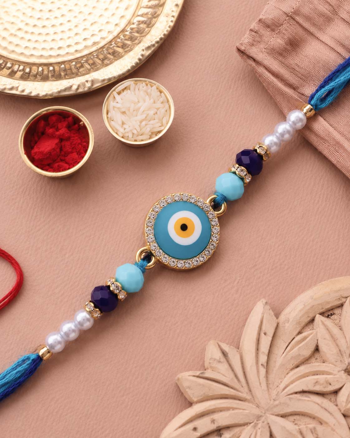 Turquoise Zaroon Evil Eye Rakhi for Brother | Tilak Set Included