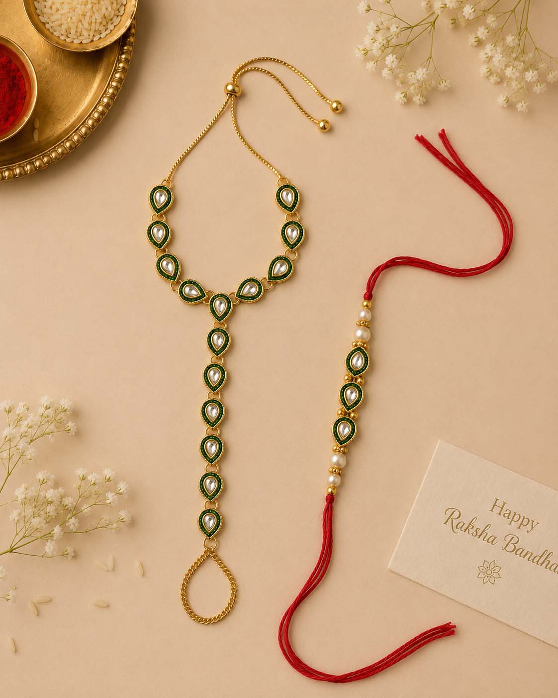 Agnay Bhaiya Rakhi and Bhabhi Hathphool with Tilak Set and Card