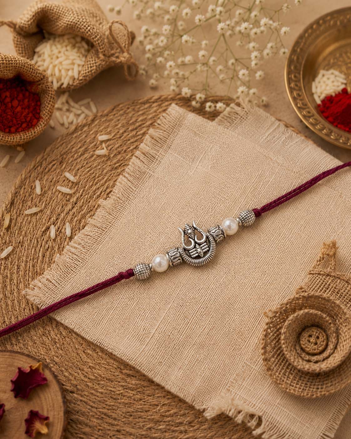 Silver Trishul Rakhi for Brother | Tilak Set Included