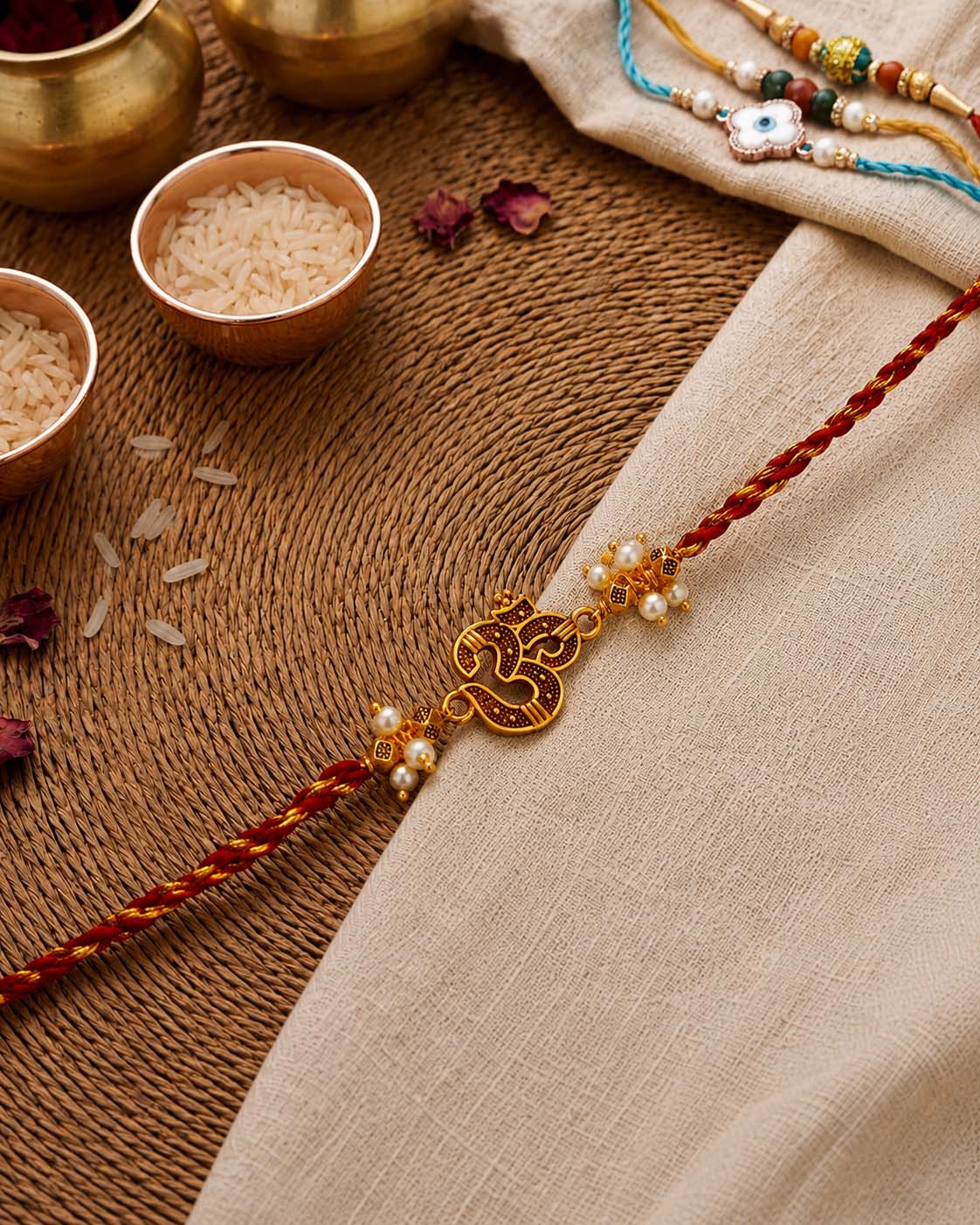 Omdev Red Gold Rakhi for Brother | Tilak Set Included