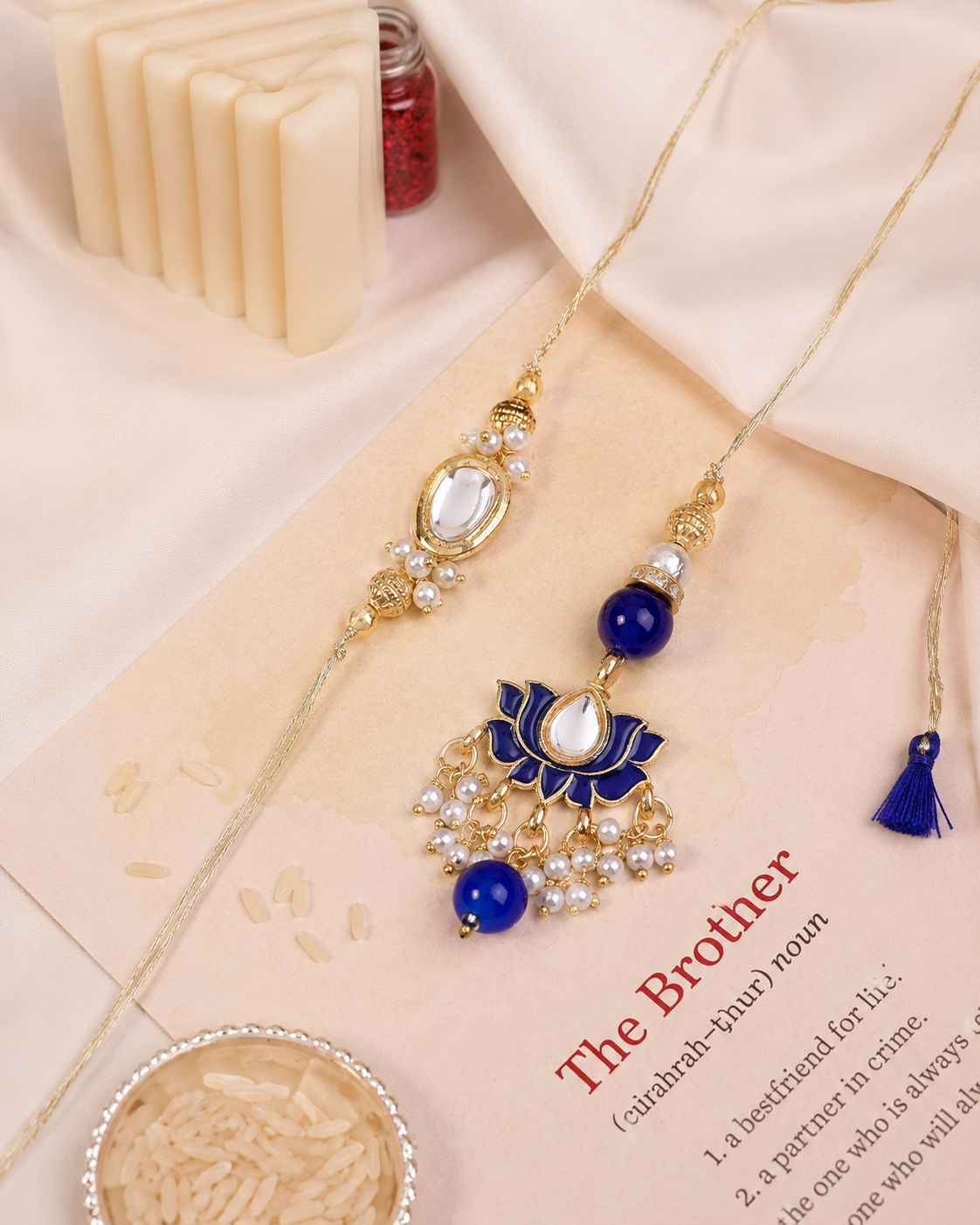 Blue Arjun Bhaiya Bhabhi Rakhi with Tilak Set and Card