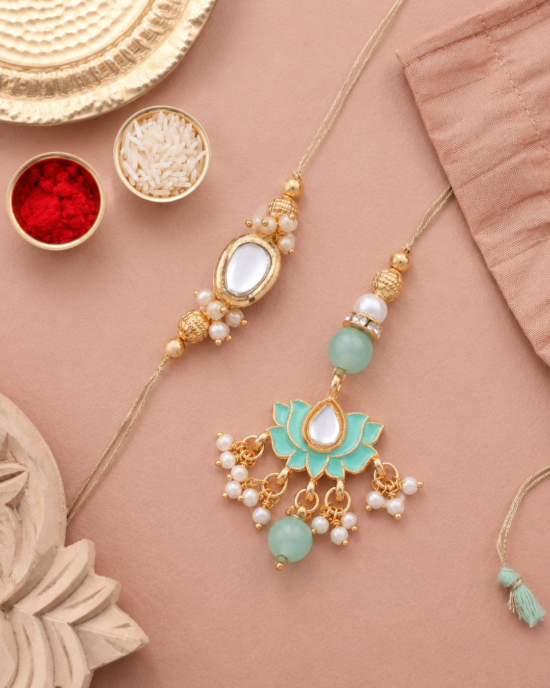 Mint Arjun Bhaiya Bhabhi Rakhi with Tilak Set and Card