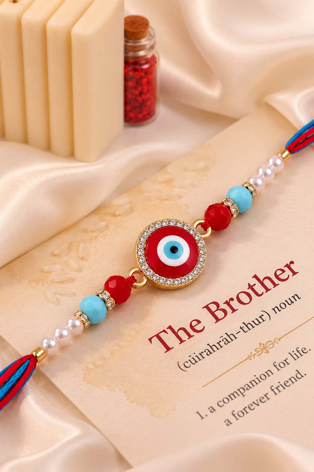 Red Zaroon Evil Eye Rakhi for Brother | Tilak Set Included