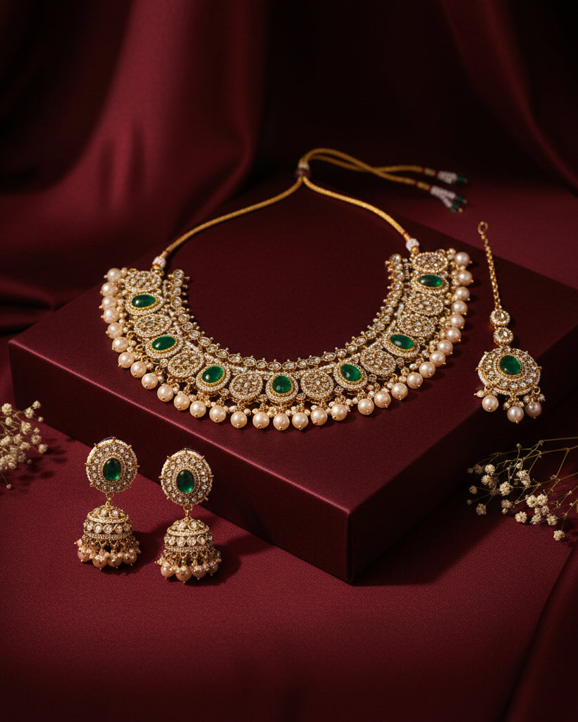 Vireena Classic Kundan Zircon Necklace Set With Earring and Teeka