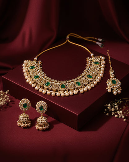 Vireena Classic Kundan Zircon Necklace Set With Earring and Teeka