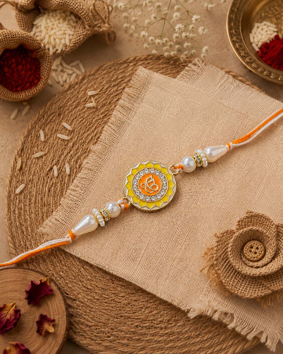 Yellow Ek Onkar Rakhi for Brother | Tilak Set Included