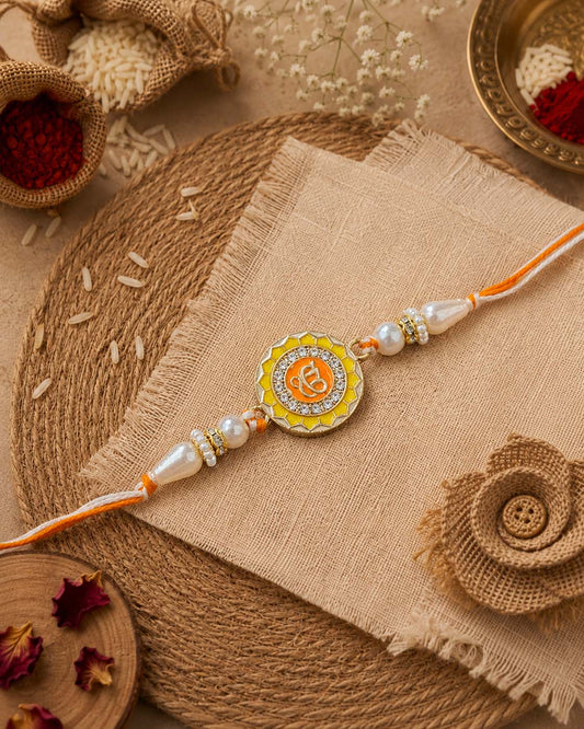 Yellow Ek Onkar Rakhi for Brother | Tilak Set Included