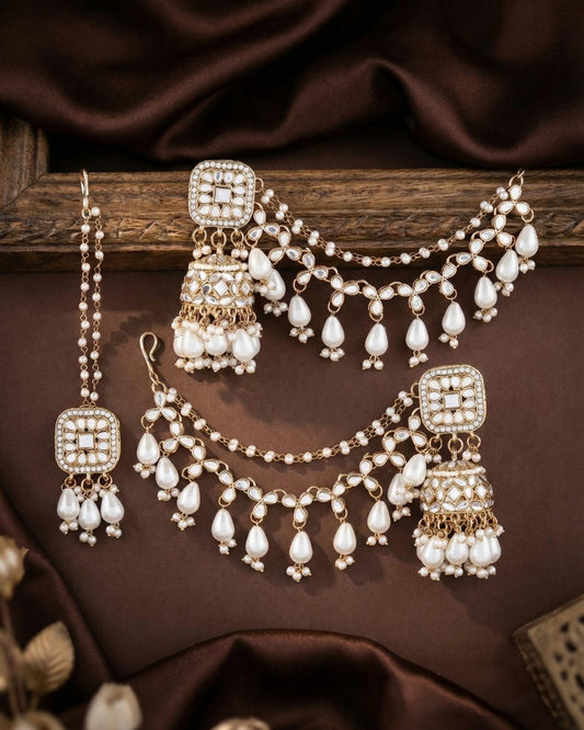 Pearl Aayat Bahubali Jhumka with Statement Kaan Chain and Teeka