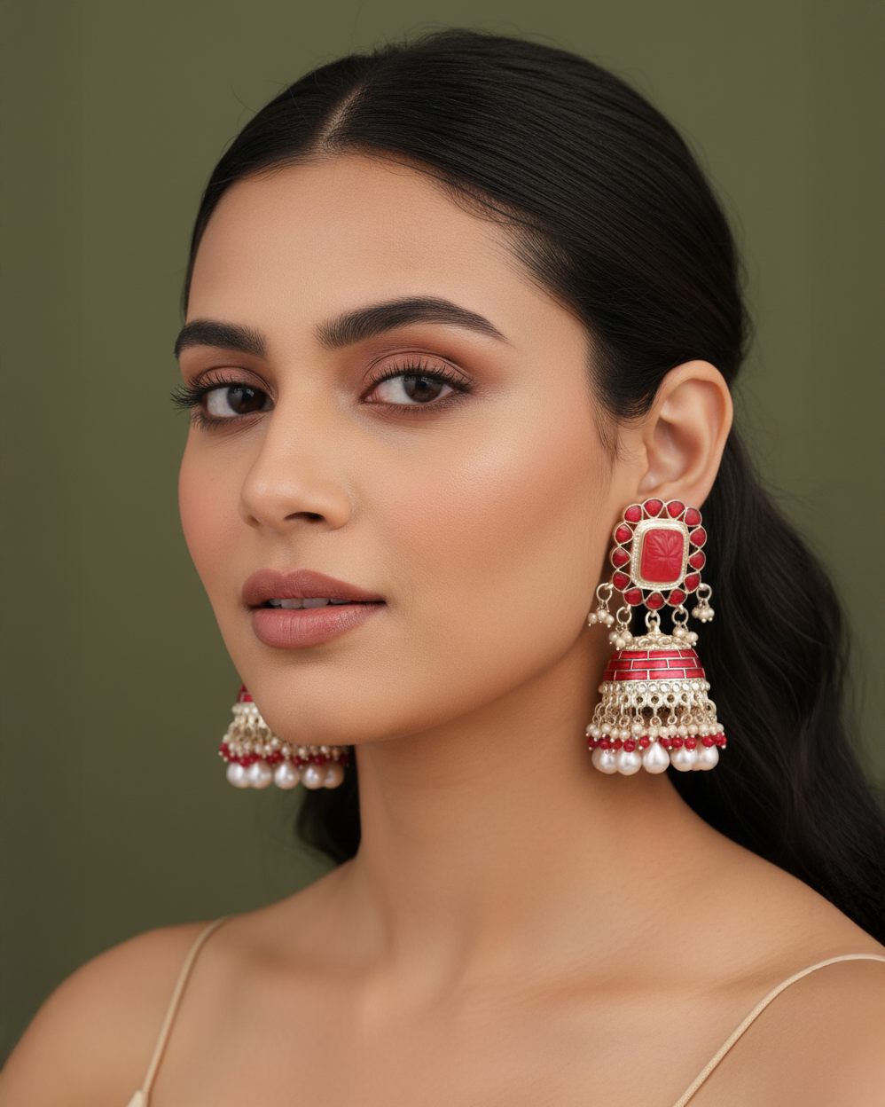 Red Trinaya Meenakari Jhumka