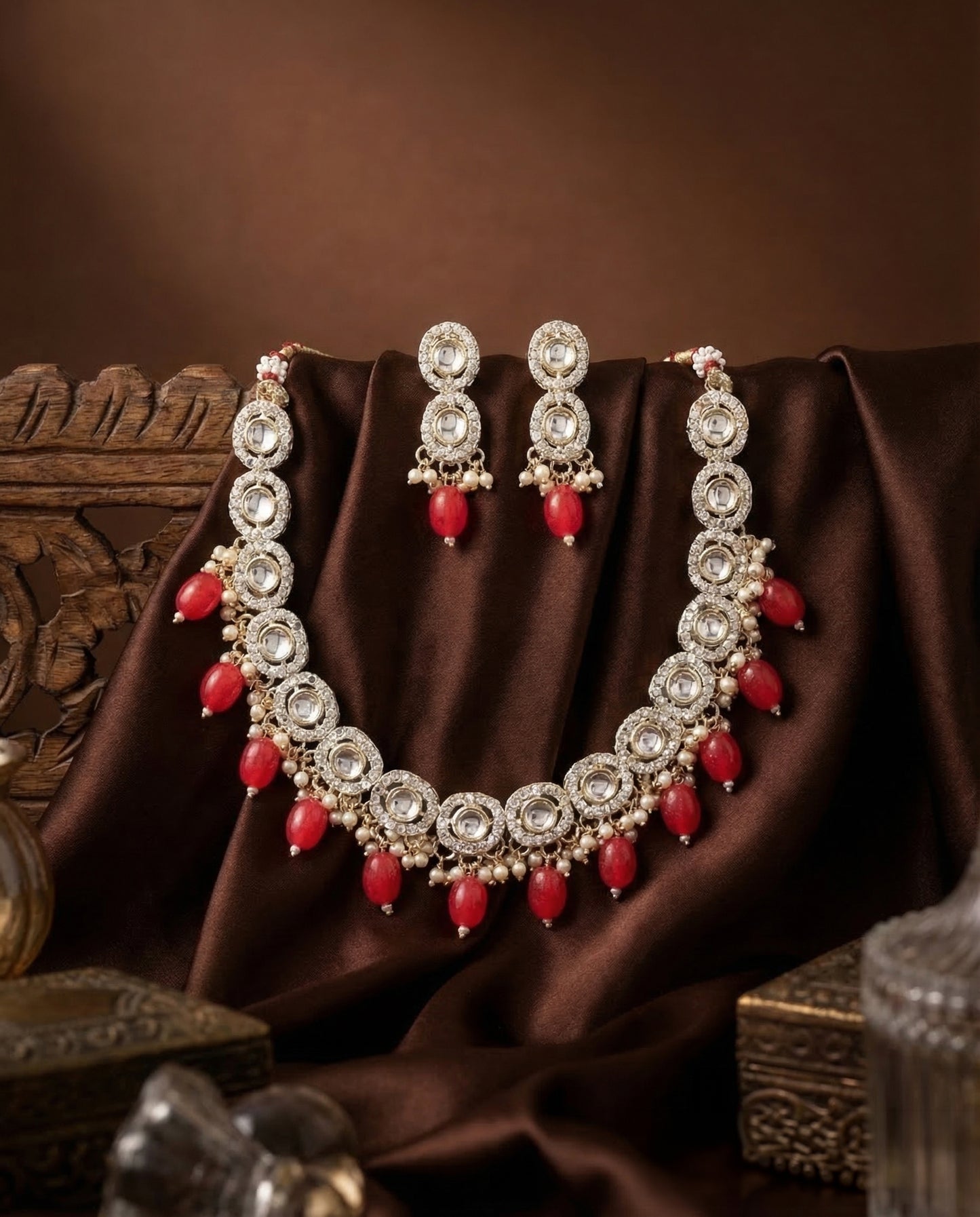 Red Fareed Kundan Zircone Necklace With Earring