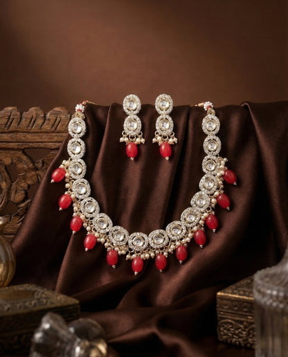 Red Fareed Kundan Zircone Necklace With Earring