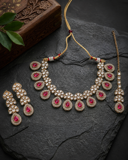 Pink Urmika Premium Necklace with Earring and Teeka