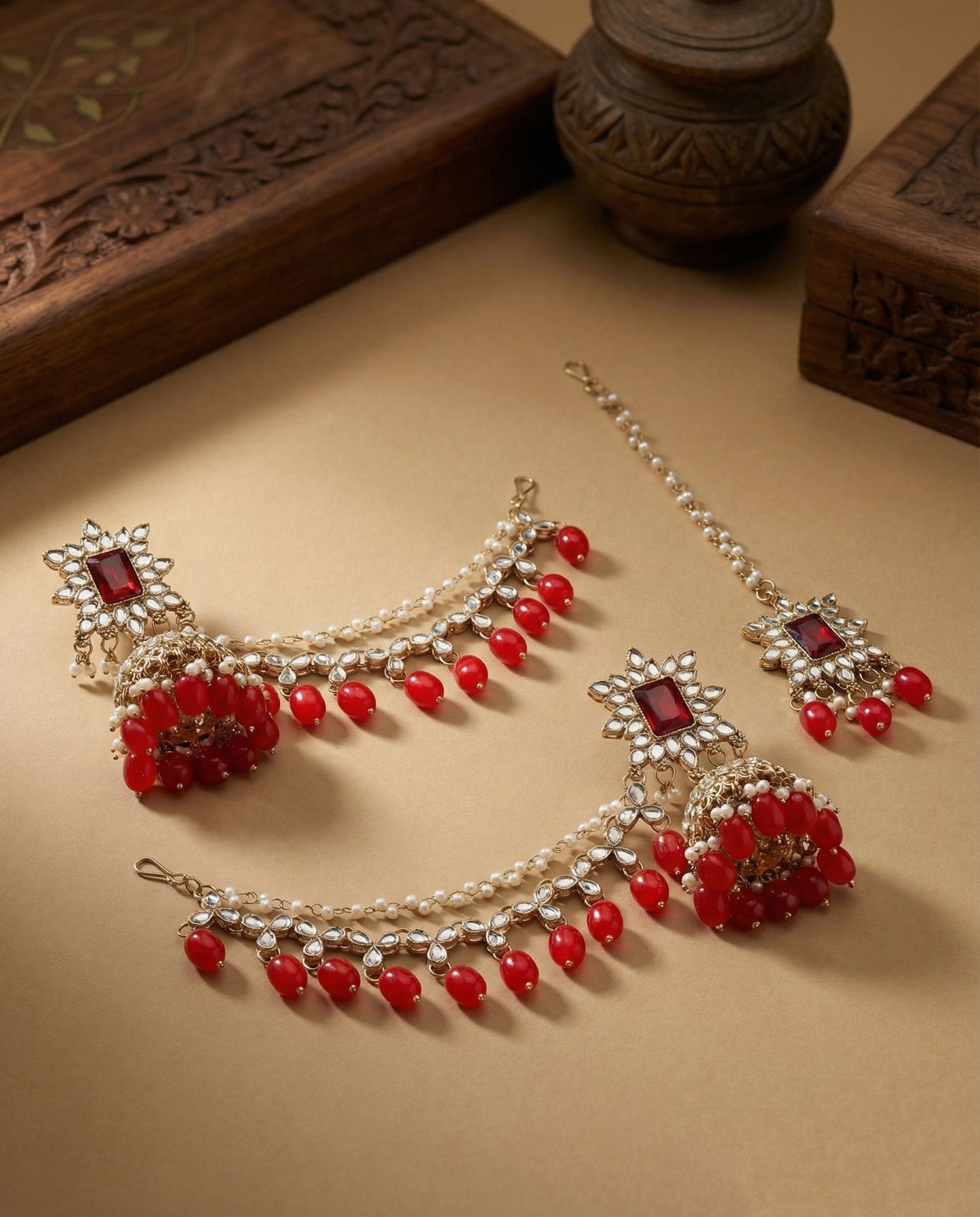 Red Kaur Mirror Bahubali Jhumka with Statement Kaan Chain and Teeka
