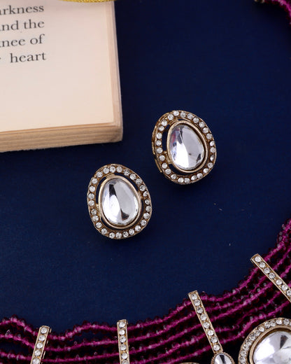 Purple Darvesh Zircone Polki Dupe Pearl Necklace with Earring