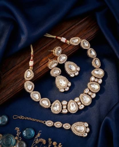 Silver Prishika Premium Polki Dupe Necklace with Earring and Teeka