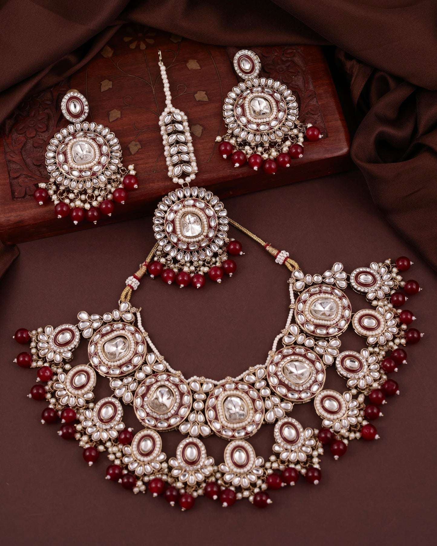 Maroon Vyanika Necklace Earring with Teeka