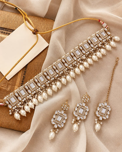 Pearl Hrishita Kundan Zircon Choker Necklace Set With Earring and Teeka