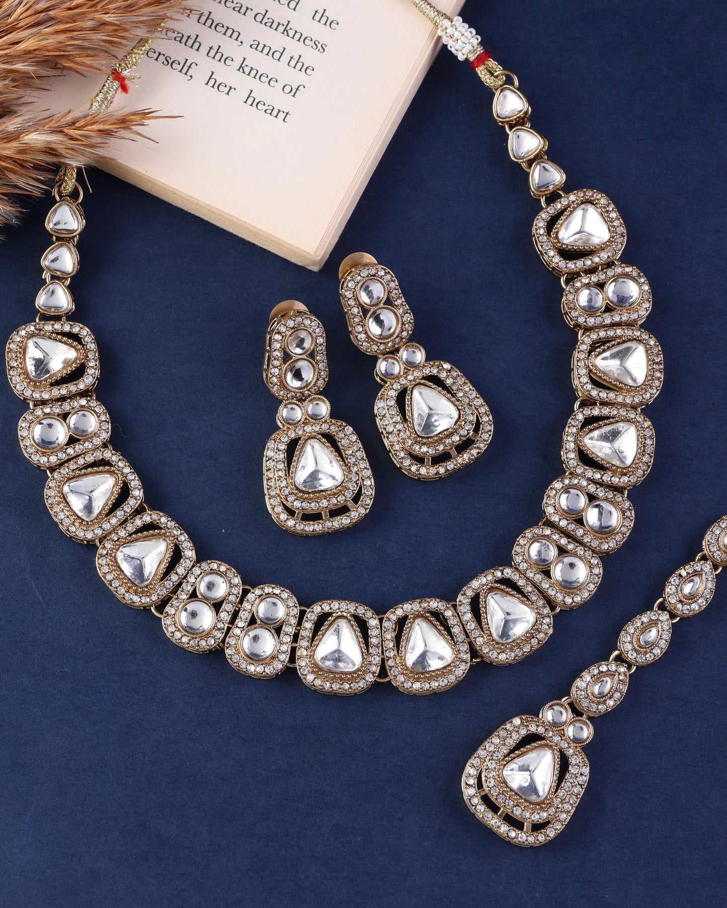 Silver Zorawar Premium Polki Dupe Necklace with Earring and Teeka