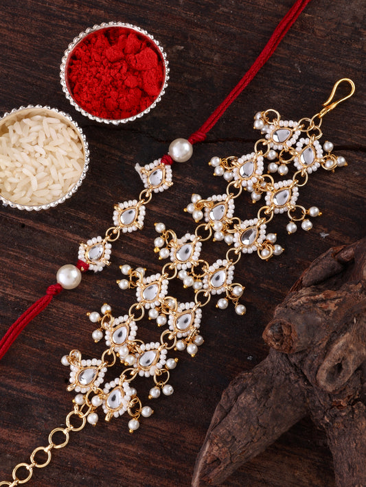 Red Vasundhara Bhaiya Rakhi and Bhabhi Bracelet with Tilak Set and Card