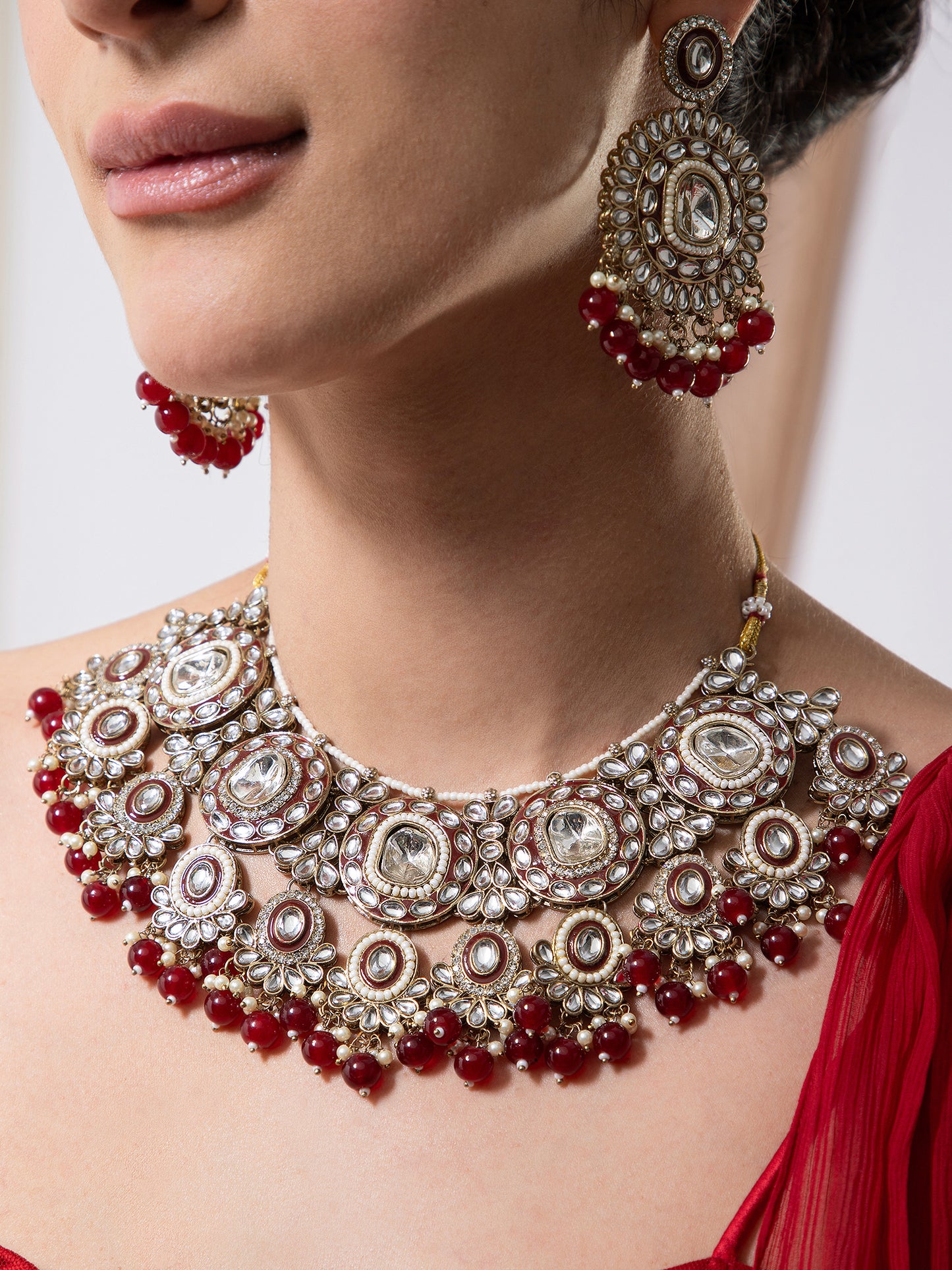 Maroon Vyanika Necklace Earring with Teeka