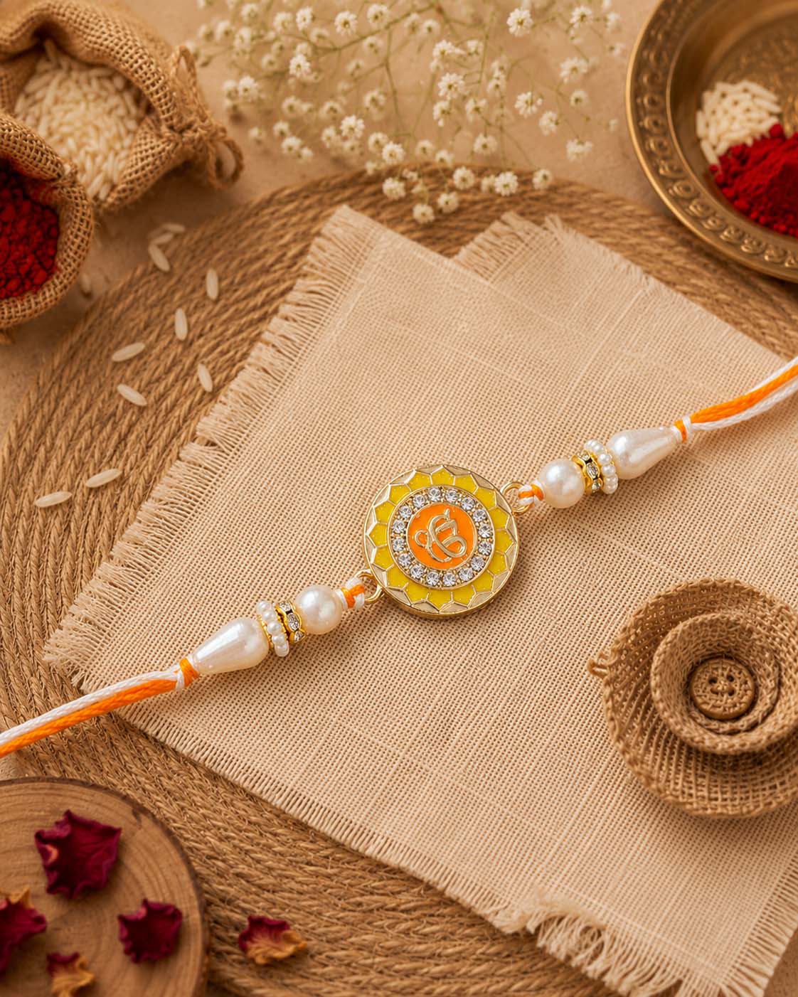 Yellow Ek Onkar Rakhi for Brother | Tilak Set Included