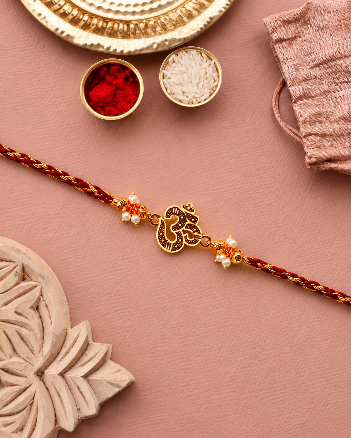 Omdev Red Gold Rakhi for Brother | Tilak Set Included