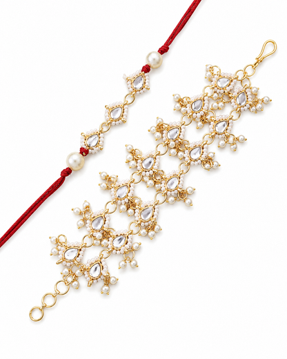 Red Vasundhara Bhaiya Rakhi and Bhabhi Bracelet with Tilak Set and Card